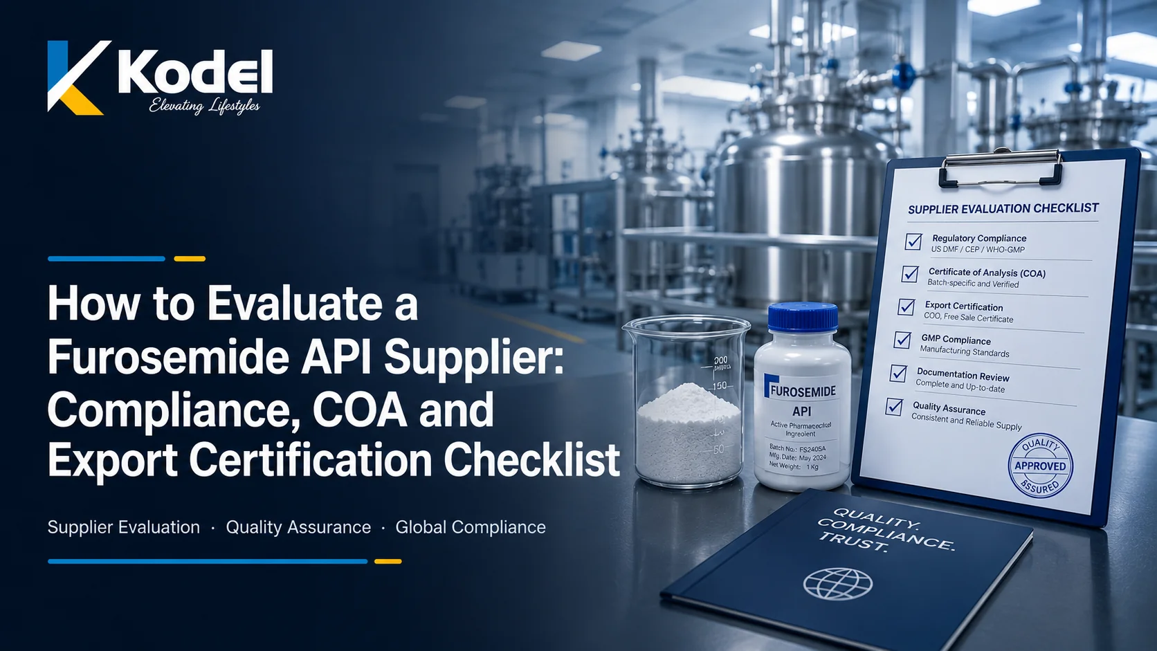 Furosemide API supplier evaluation guide with compliance checklist, COA, and export certification in a pharmaceutical manufacturing facility