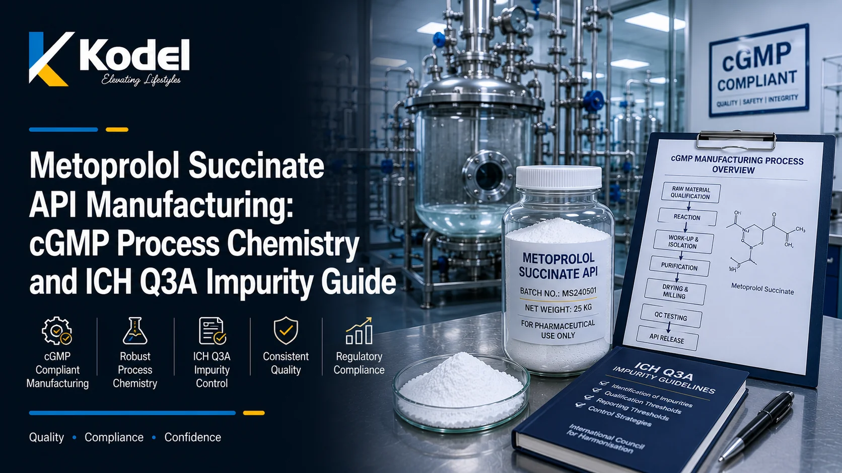 Metoprolol Succinate API manufacturing with cGMP process chemistry, ICH Q3A impurity control, and pharmaceutical quality assurance