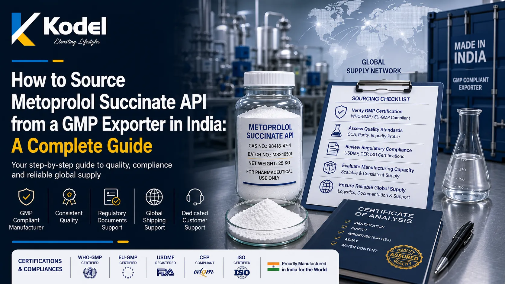 Metoprolol Succinate API sourcing guide from a GMP-certified exporter in India with compliance, documentation, and global supply