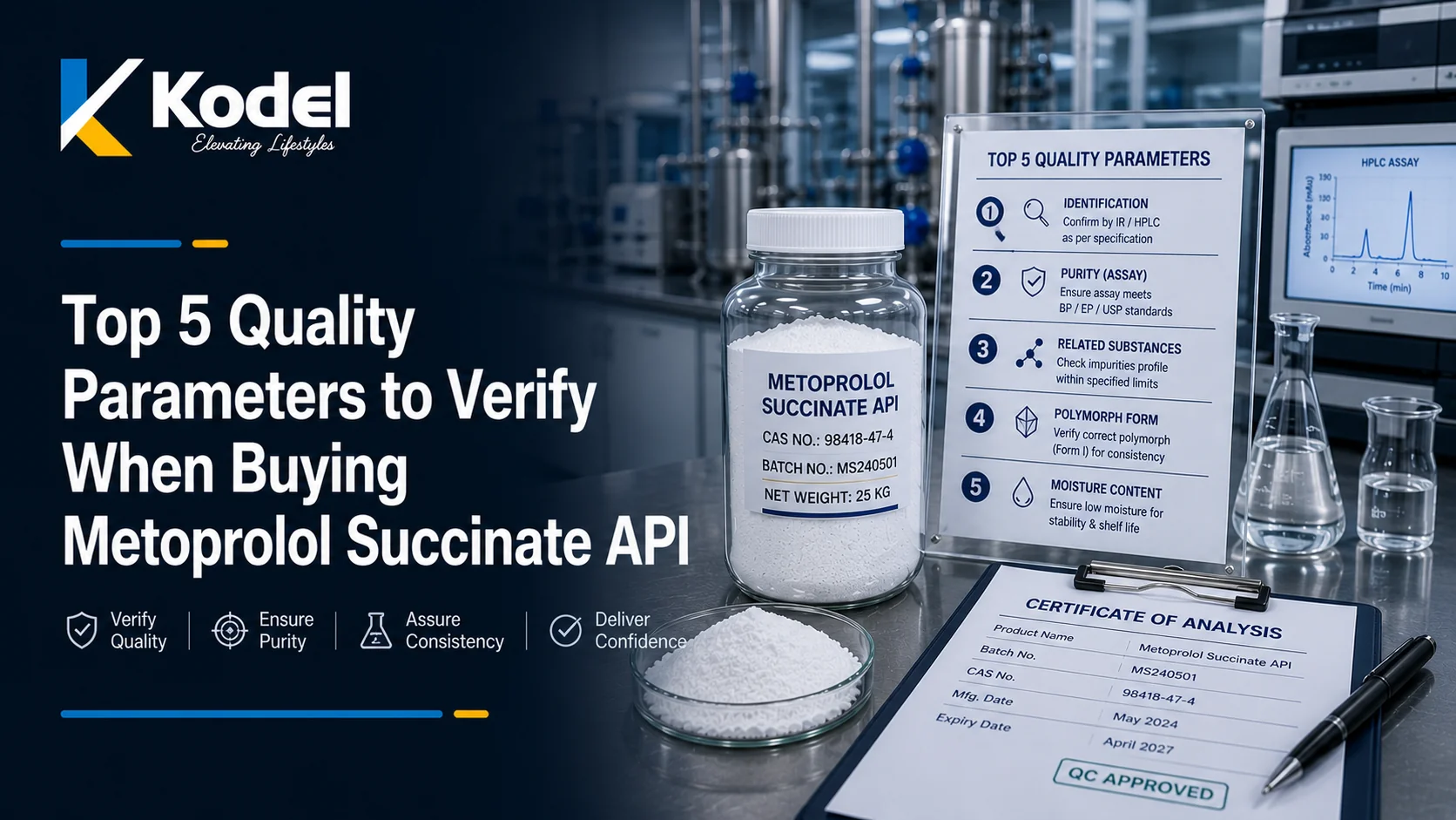 Top five quality parameters to verify when buying Metoprolol Succinate API, including purity, identification, polymorphism, and Certificate of Analysis