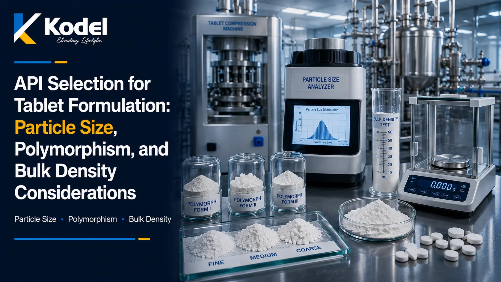 API selection for tablet formulation based on particle size, polymorphism, and bulk density.