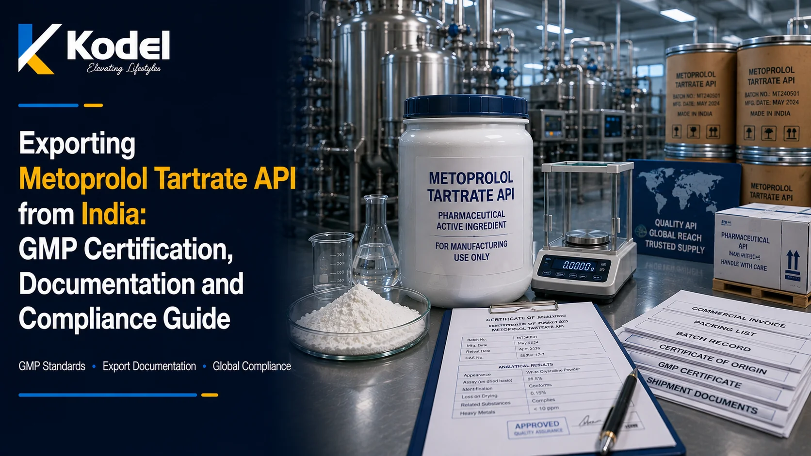 Metoprolol Tartrate API export from India covering GMP, documentation, and global compliance